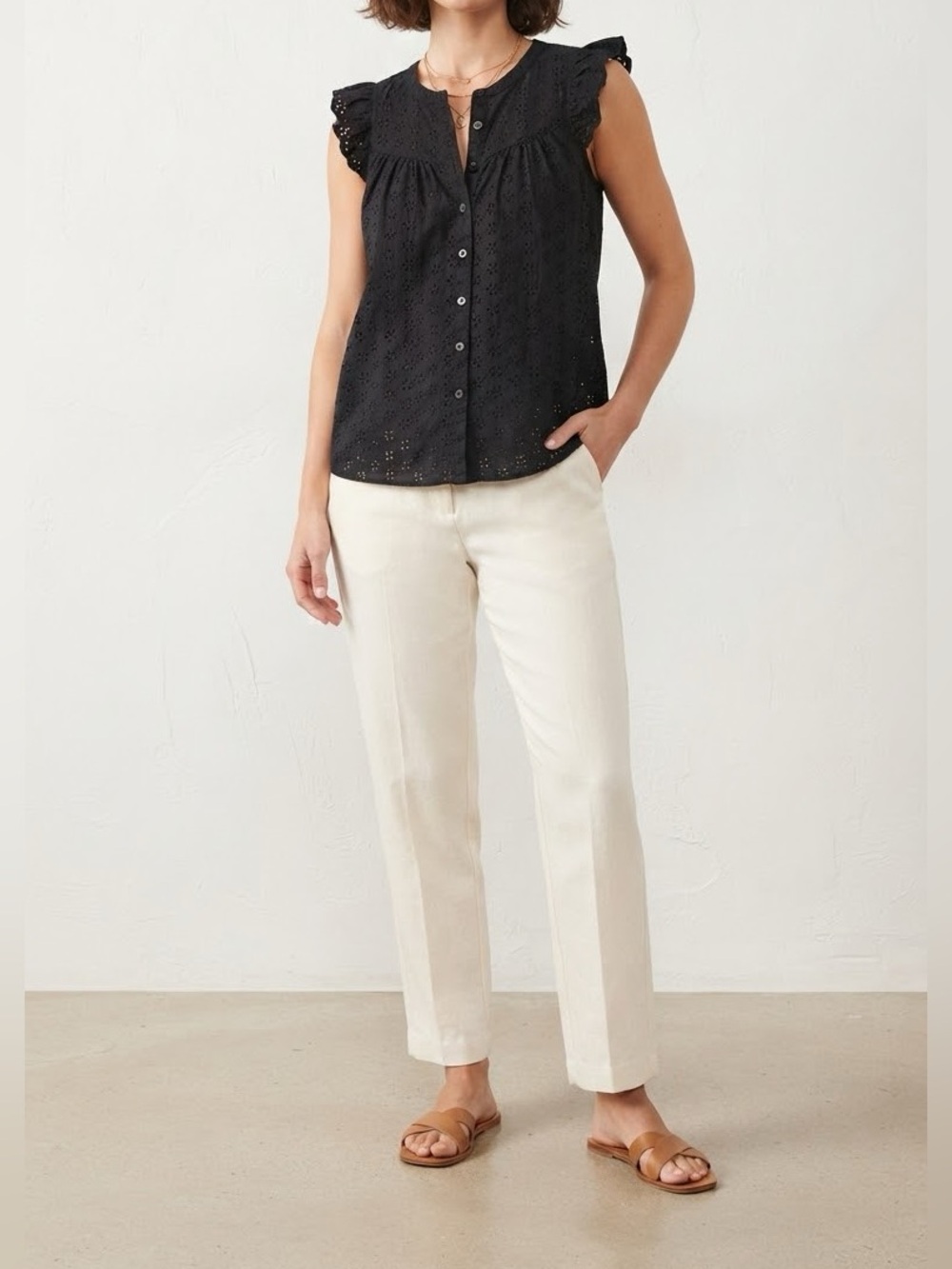 Madewell Black Eyelet Button-Front Flutter Sleeve Top